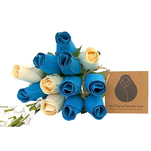 1 Dozen It's A Boy Light Blue and White The Original Wooden Rose Flower Bouquet - Picture 1 of 9